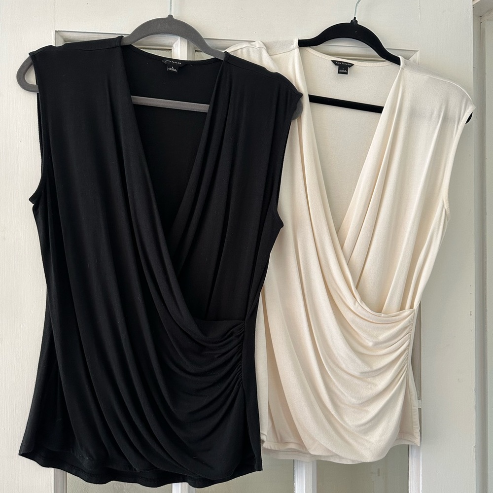 Pair of Ann Taylor wrap front shells, black and ivory. Size L. Worn once.